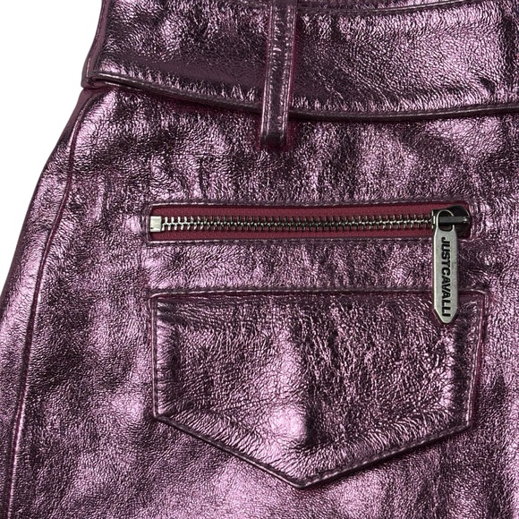 JUST CAVALLI METALLIC PINK LEATHER RIBBED HIGH WAIST MINI MOTO SKIRT - Picture 11 of 15